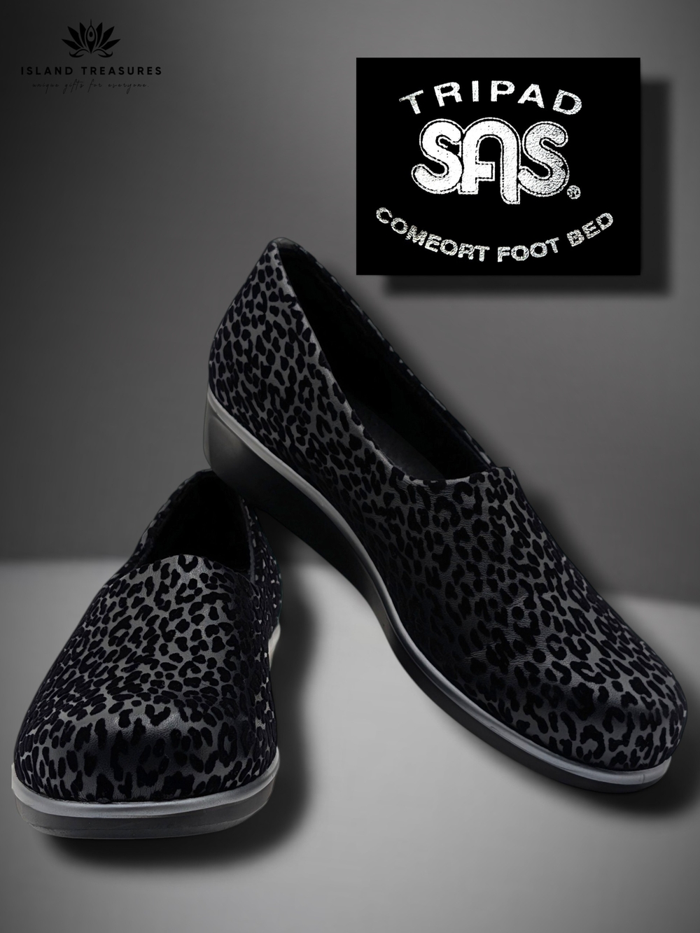 SAS Bliss Slip On Wedge Sz 9.5M Women Black Leopard Print Tripad Comfort Loafers